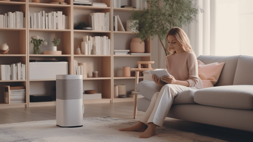 A woman sitting in a cosy living room, testing an air purifier