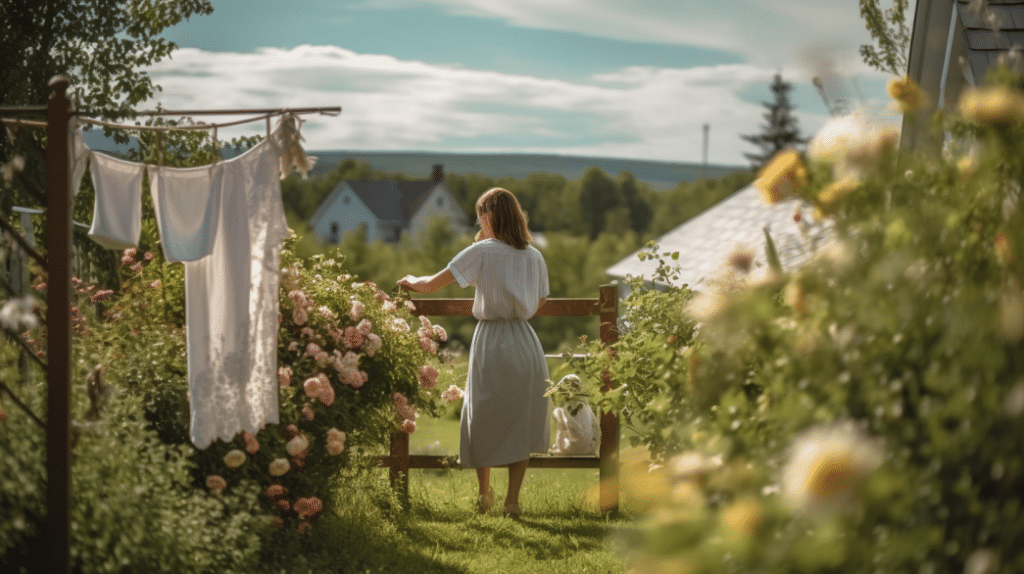 A woman stands outside, testing a rotary washing line