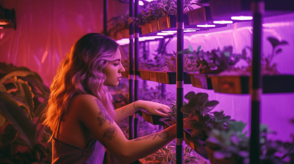A woman testing a new LED grow light in her garden