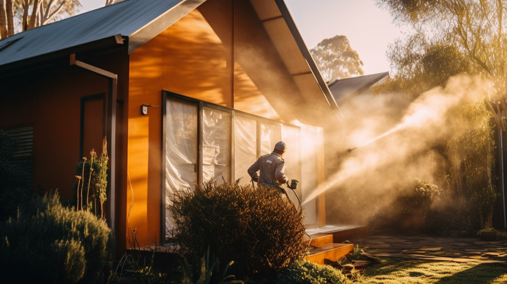 Man holding a paint sprayer and testing it on a wooden shed