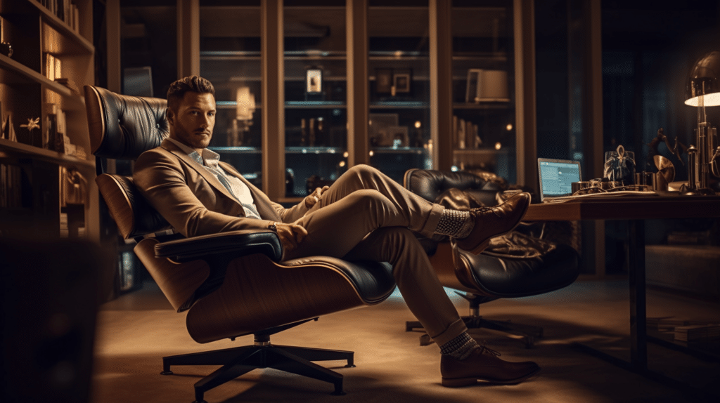 Man sitting on an office chair testing the chair's comfort level by leaning back