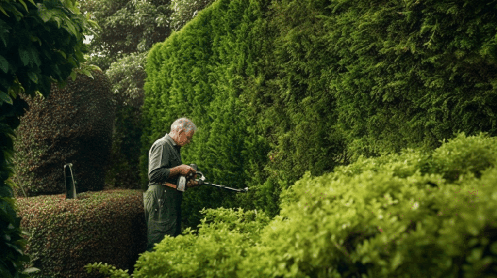 Man testing hedge trimmer in a lush green garden