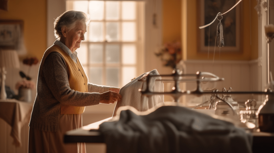 a grandma testing a heated clothes airer at home