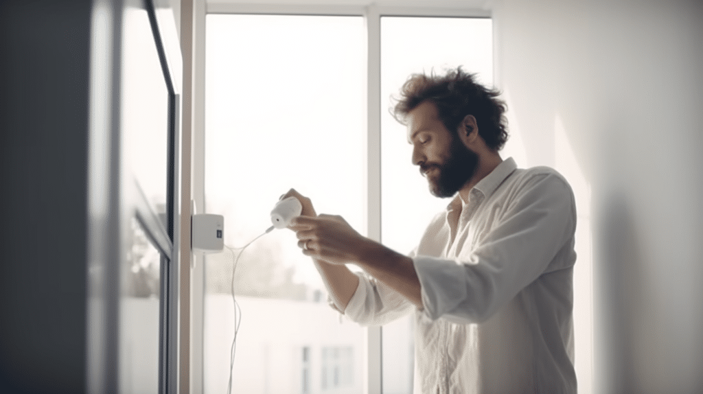 a guy enthusiastically testing a wireless home alarm system