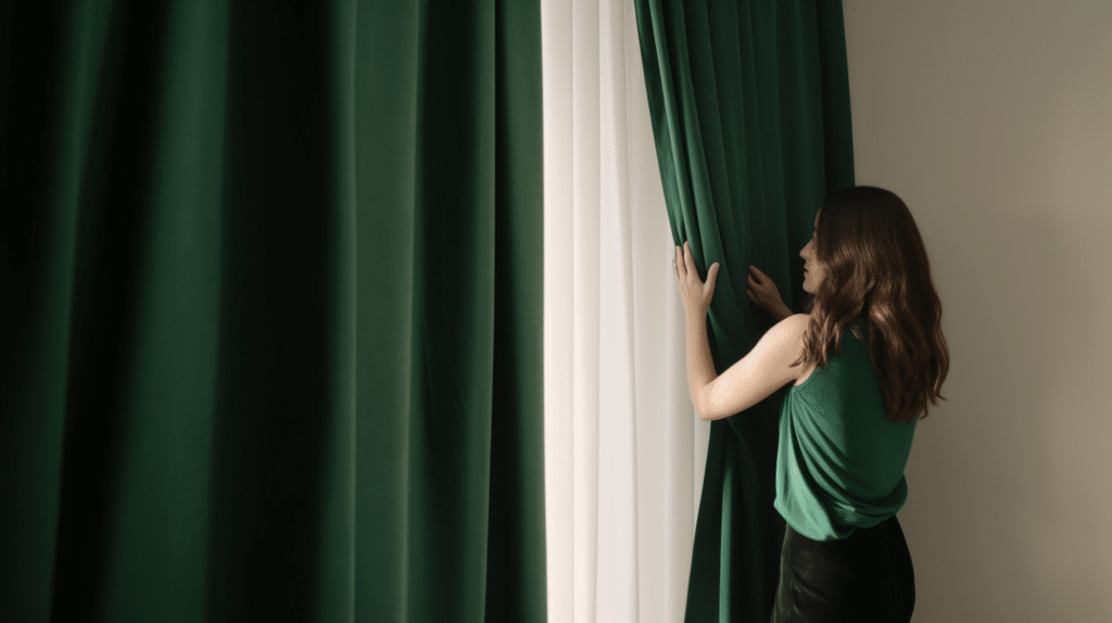 a lady testing out blackout curtains in her home