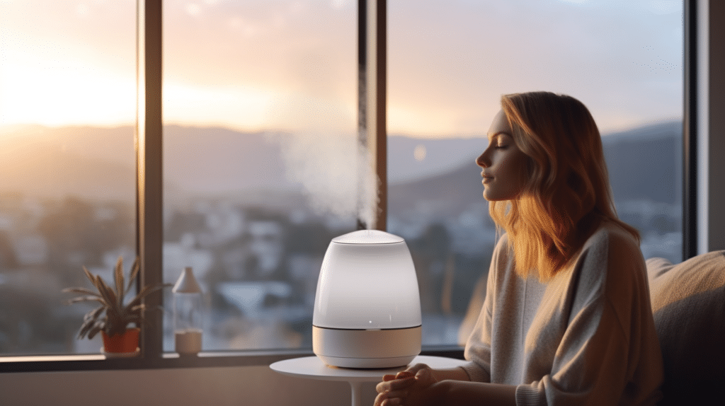 a lady with blond hair testing out a humidifier