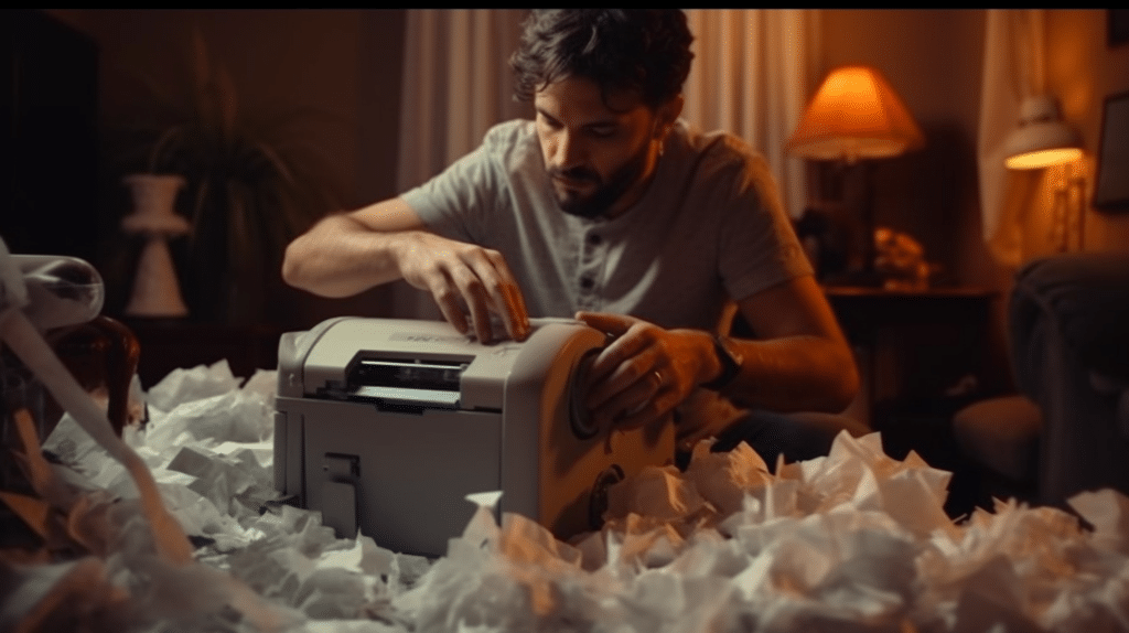 a man testing a paper shredder at home during the night
