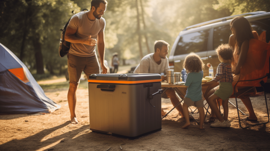 a man testing an electric cool box at a campground