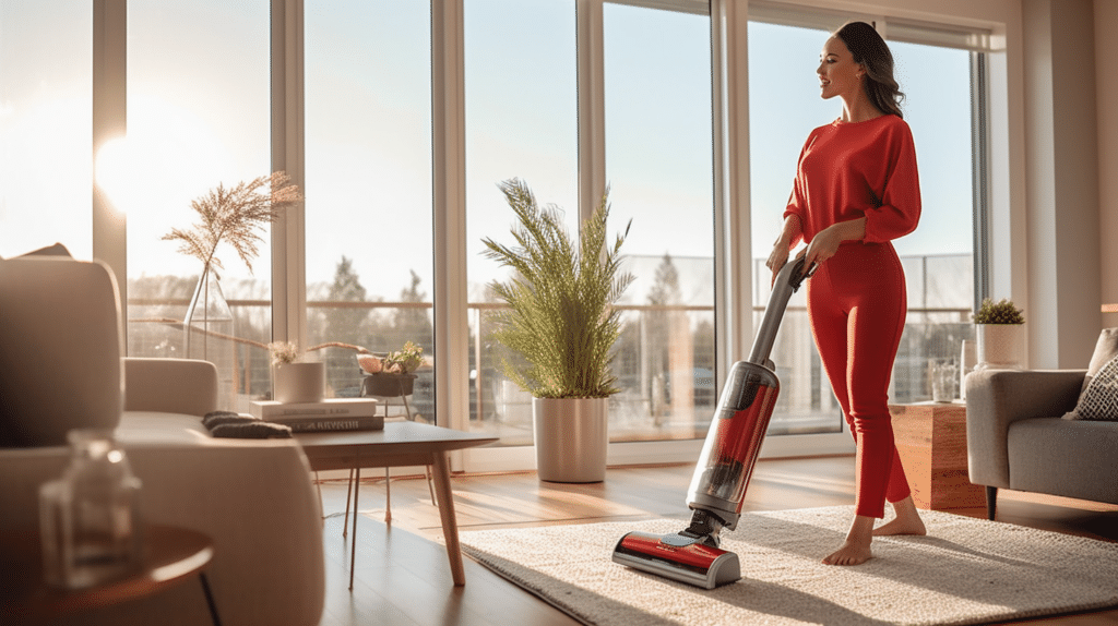 a woman testing an upright vacuum cleaner on carpet