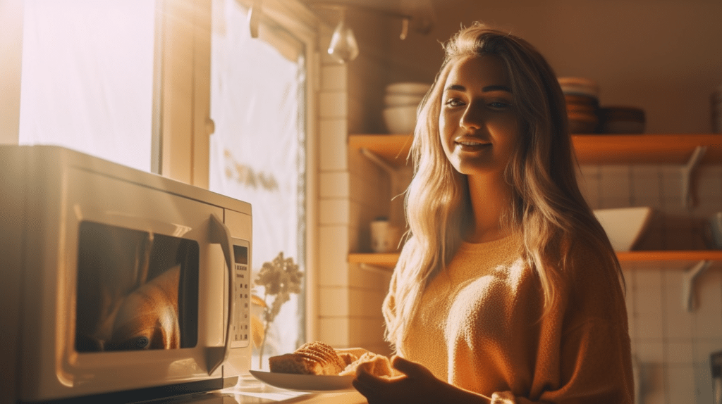 a woman testing the microwave in the kitchen