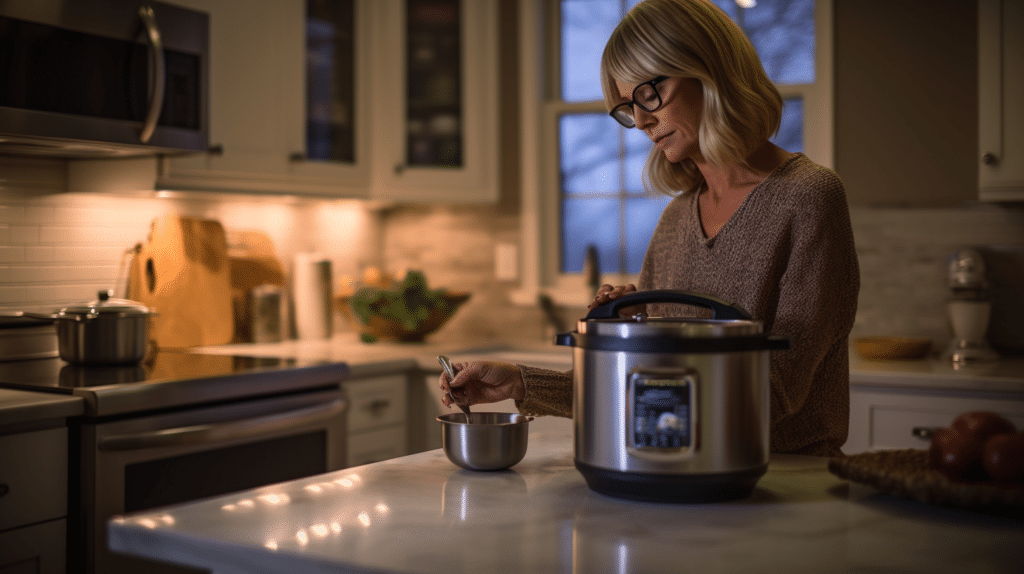 a woman with glasses testing a pressure cooker in the kitchen