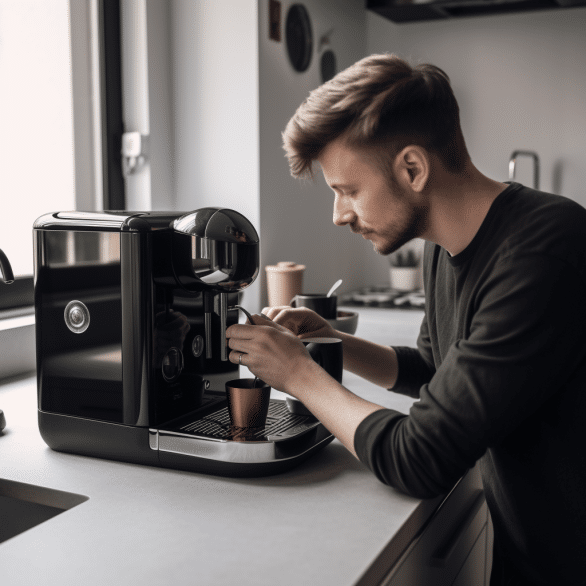 a man prepares coffee using nespresso in kitchen