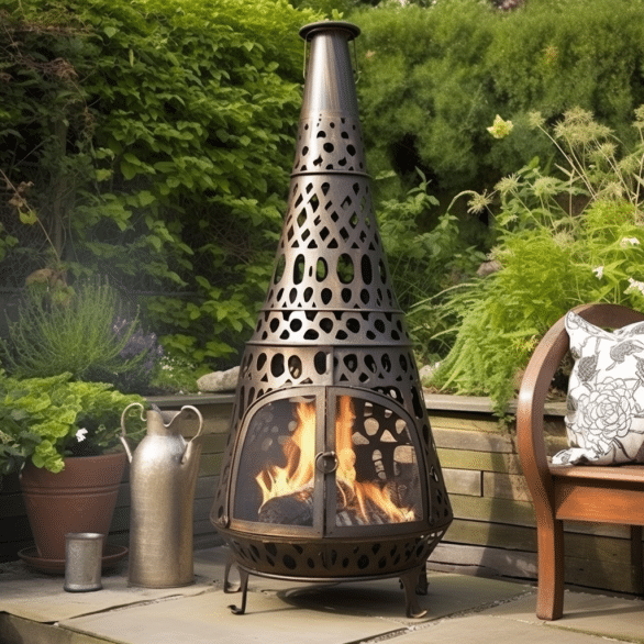 a sturdy metal chiminea stands proudly in the garden