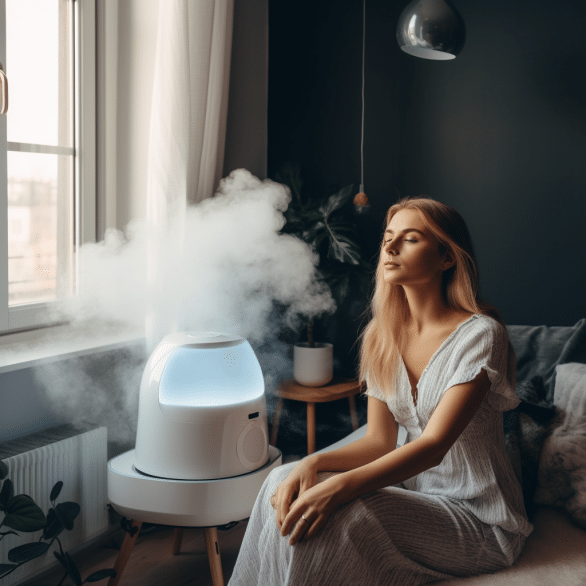 bedroom humidifier provides woman with refreshing air