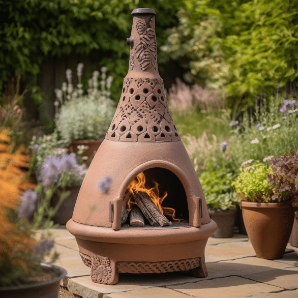 clay chiminea graces garden with its elegant presence