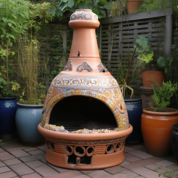 garden features clay chiminea as centerpiece