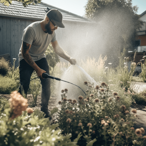 gardener battles weeds with potent chemical spray