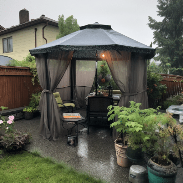 gardens gazebo shelters me from the rainy drizzle