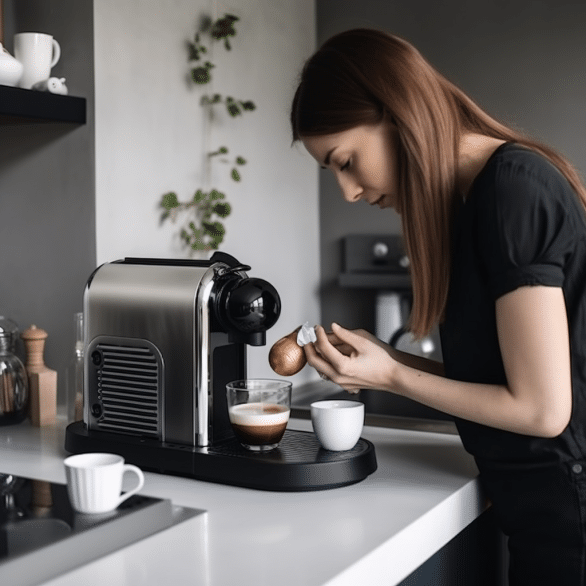 kitchen aroma fills as woman operates nespresso machine