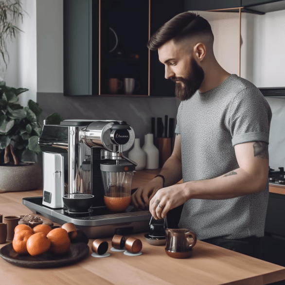 man brews coffee with his nespresso machine