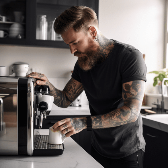 man brews coffee with nespresso machine