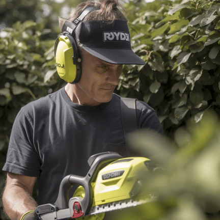 man in the garden using powerful petrol hedge trimmers