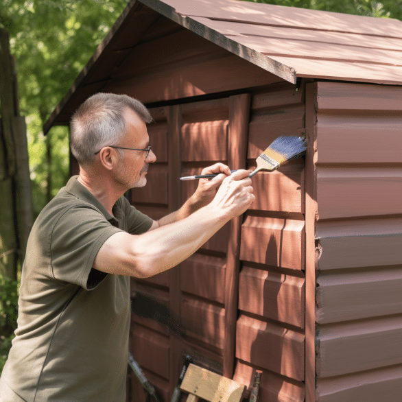 man is applying oil to protect the wooden garden sheds