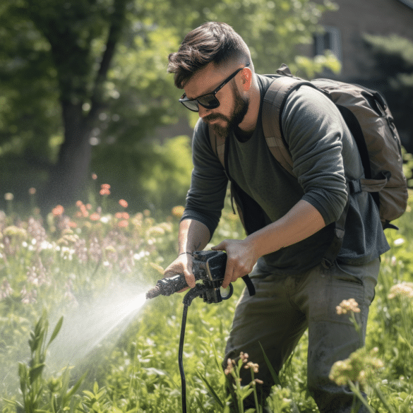 man sprays weed killer garden becomes weed free