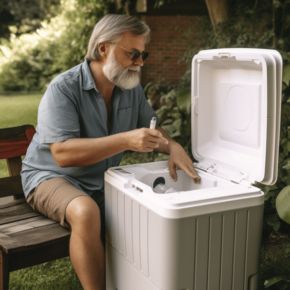 man uses electric cooler to keep drinks cold outdoors