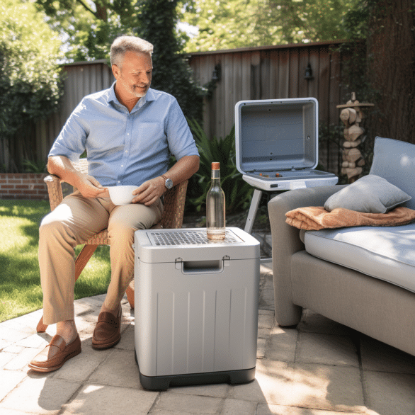 portable electric cooler chills mans refreshments outside