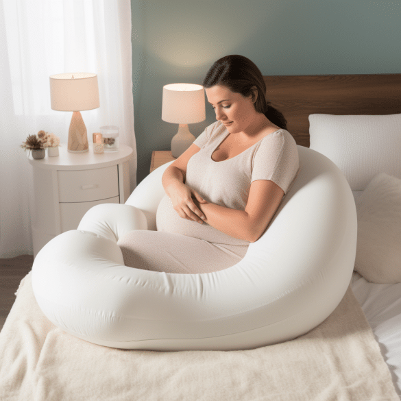 pregnant woman comfortably rests with pregnancy pillow