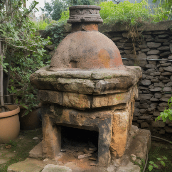 the chiminea is standing in the garden