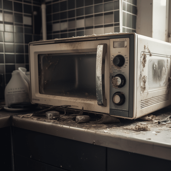 the kitchens microwave is covered in dirt