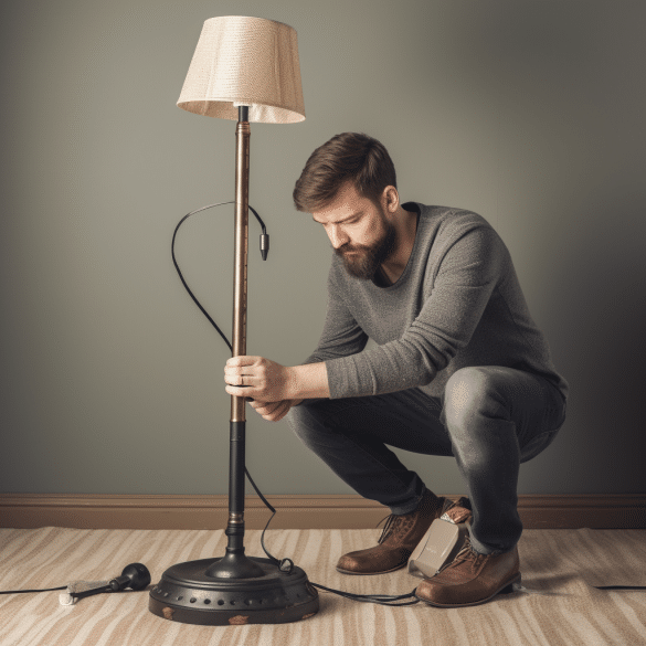 the man adjusts the floor lamps stability