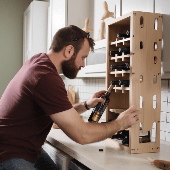 the man is installing a wine rack at home