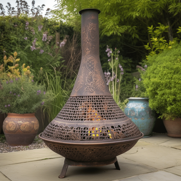 the metal chiminea stands in the garden