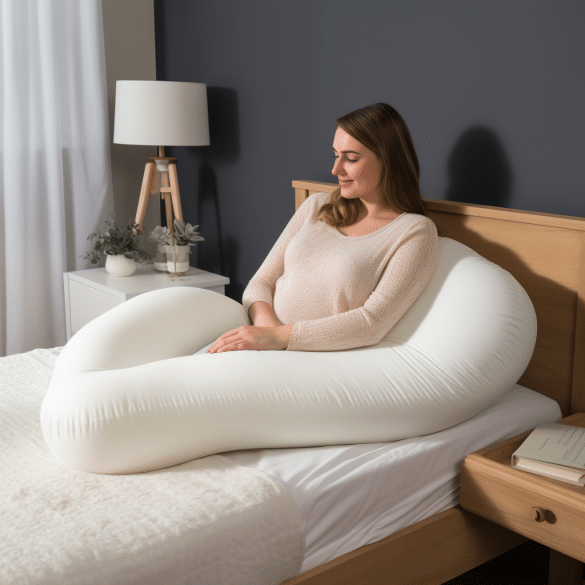the woman snuggles her pregnancy pillow in bed