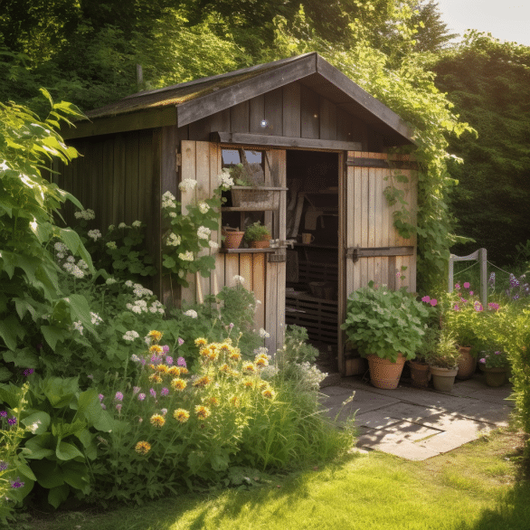 the wooden garden sheds are filled with warm sunlight