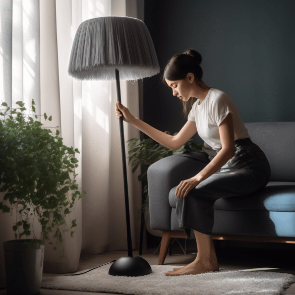 woman diligently cleans the base of floor lamp