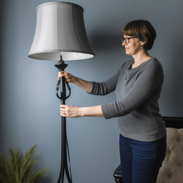 woman dusts off floor lamp with care