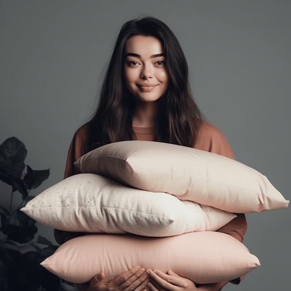woman holds stack of stomach sleeper pillows
