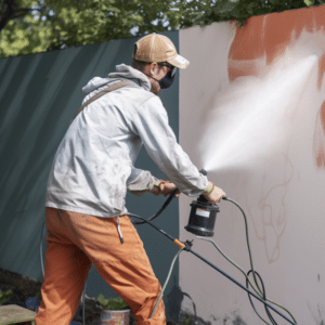 A man sprays paint on a wall using a do-it-yourself paint sprayer