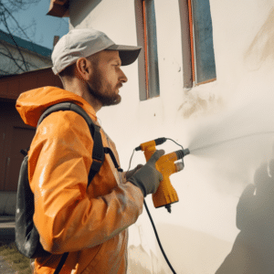 A man using a paint sprayer to coat an exterior wall