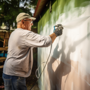 An elderly man skillfully uses a paint sprayer to cover a wall