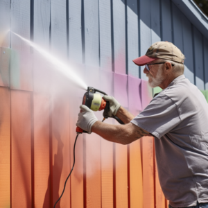 An older man uses a paint sprayer to coat a wooden wall