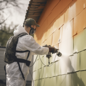 Man using paint sprayer to coat exterior wall with fresh paint