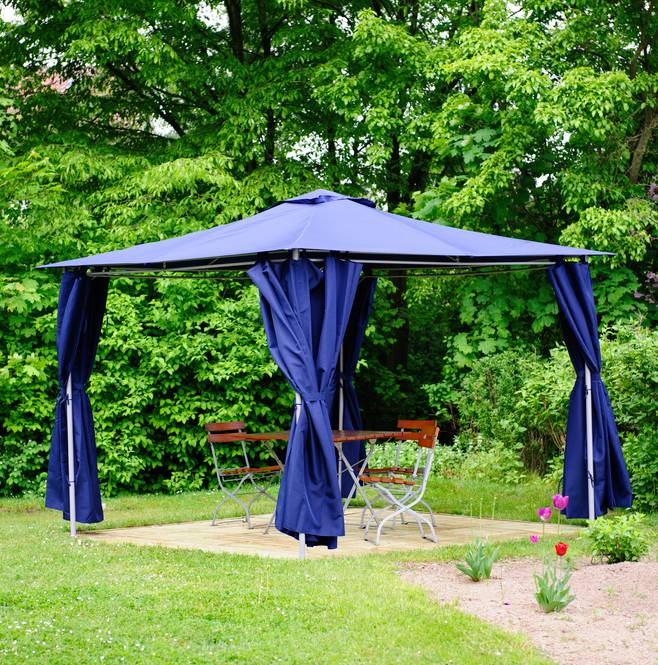 a gazebo with a blue roof cap
