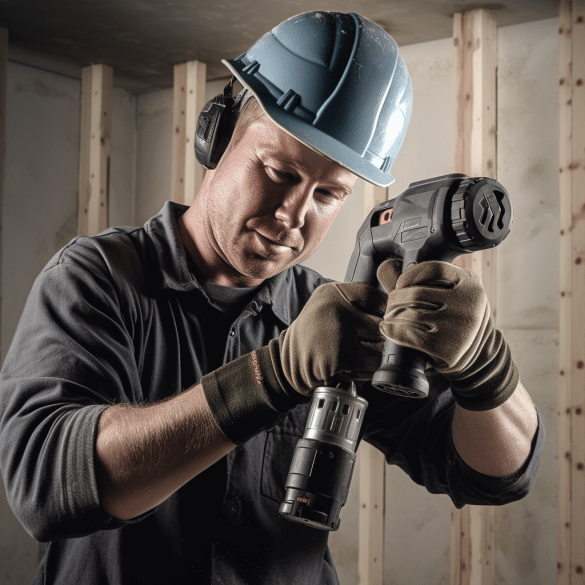 a man holds a hammer drill tightly