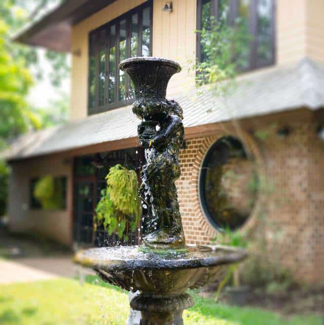 a small water fountain in the front yard