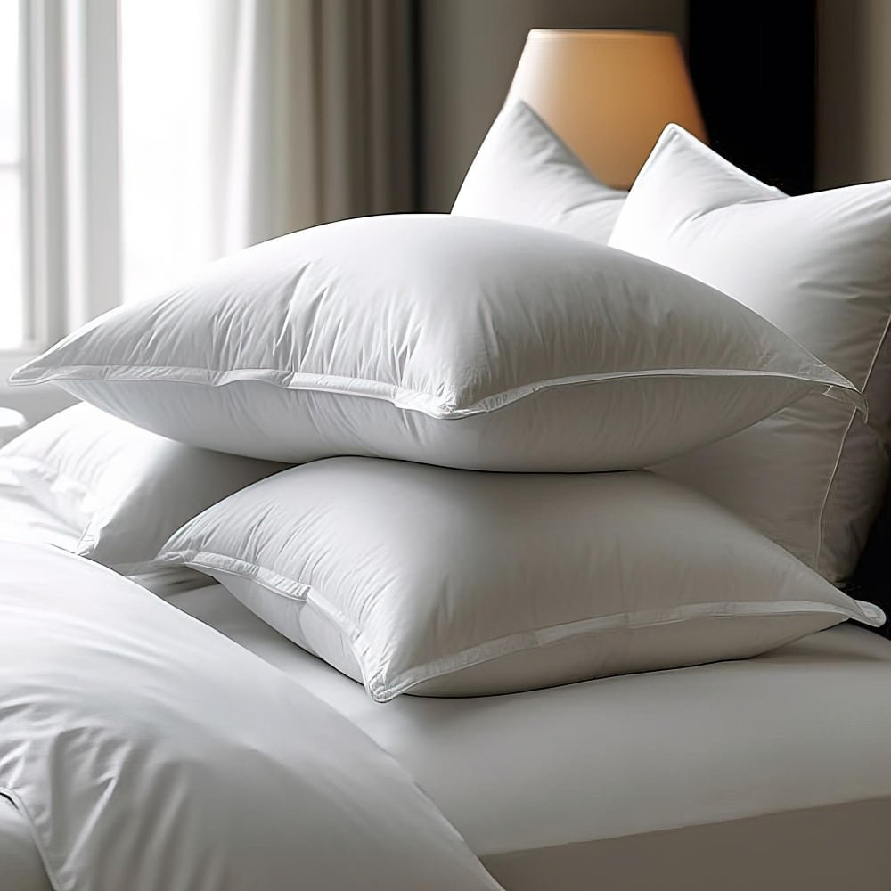 a stack of pillows on a bed